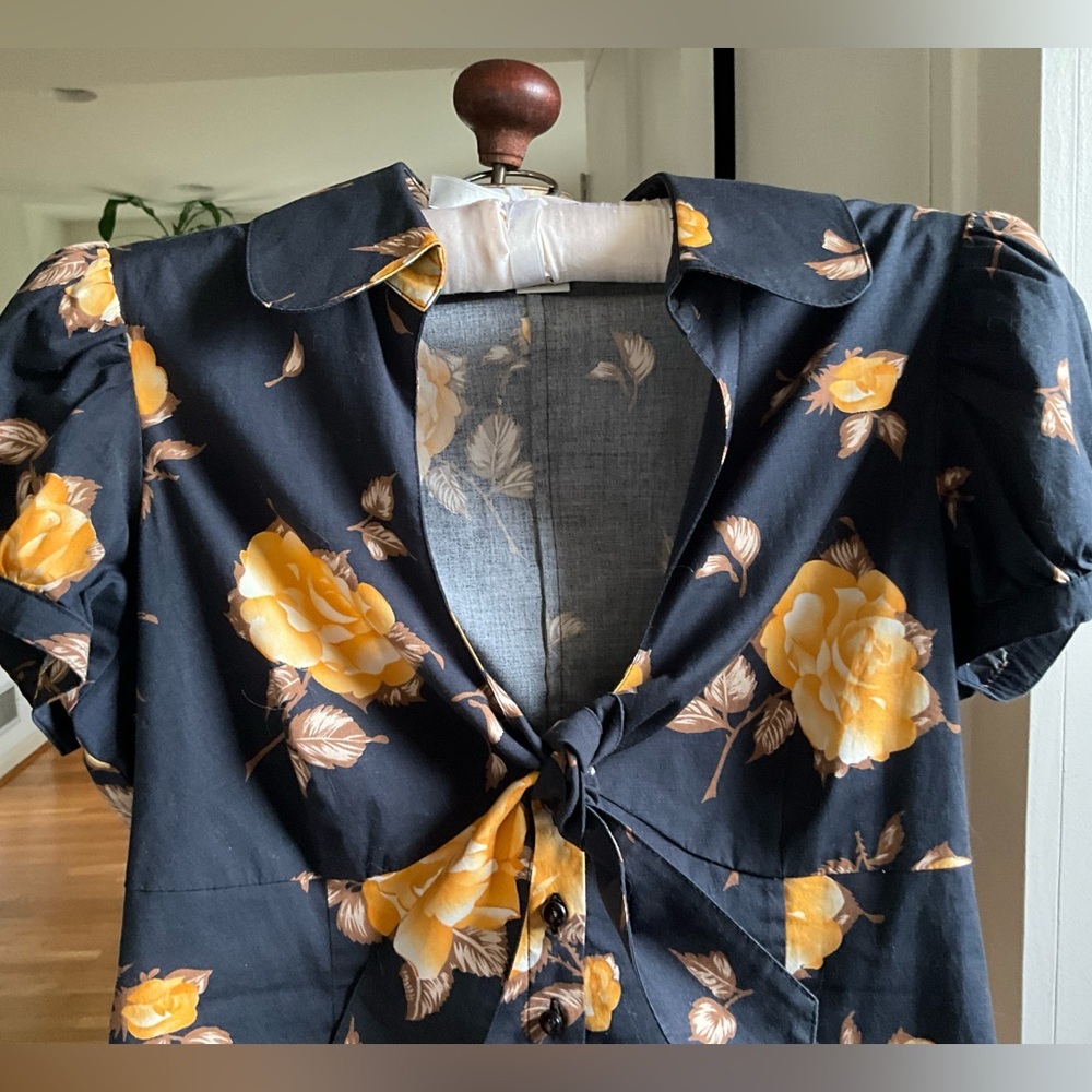 Anthropologie black/gold Odille button front puff sleeve top, size 2 (MSRP $88) - Picture 3 of 5